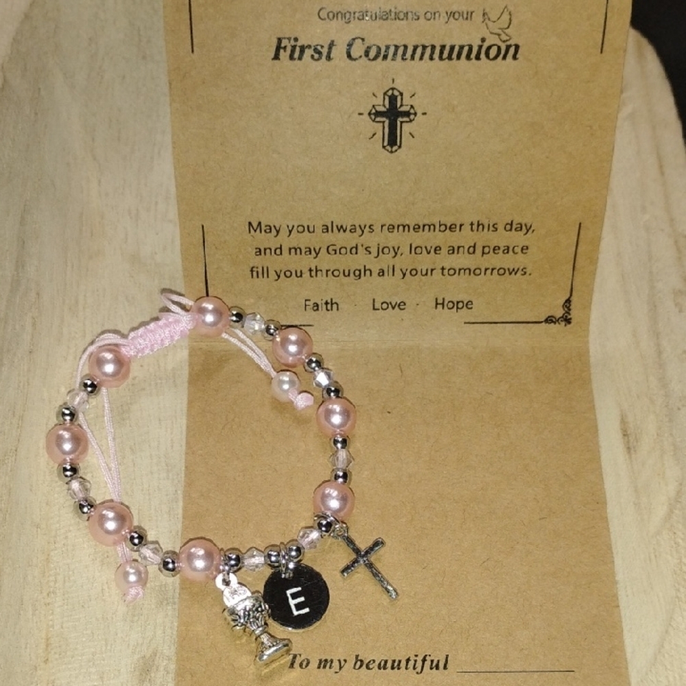 Pink and Silver Tone  Beaded Bracelet with Charms , First Communion